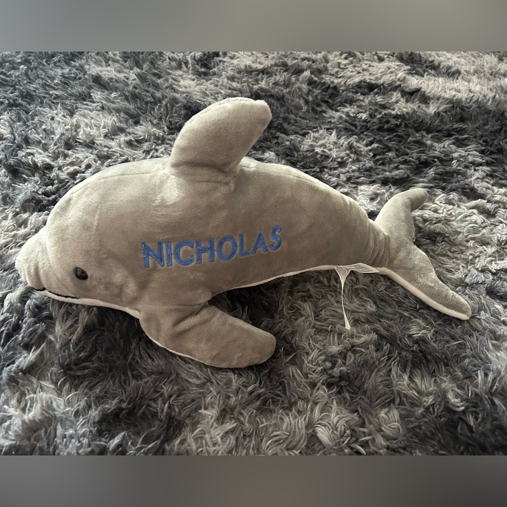 Personalized Nicholas Gray Dolphin Plush with Blue Name Embroidery